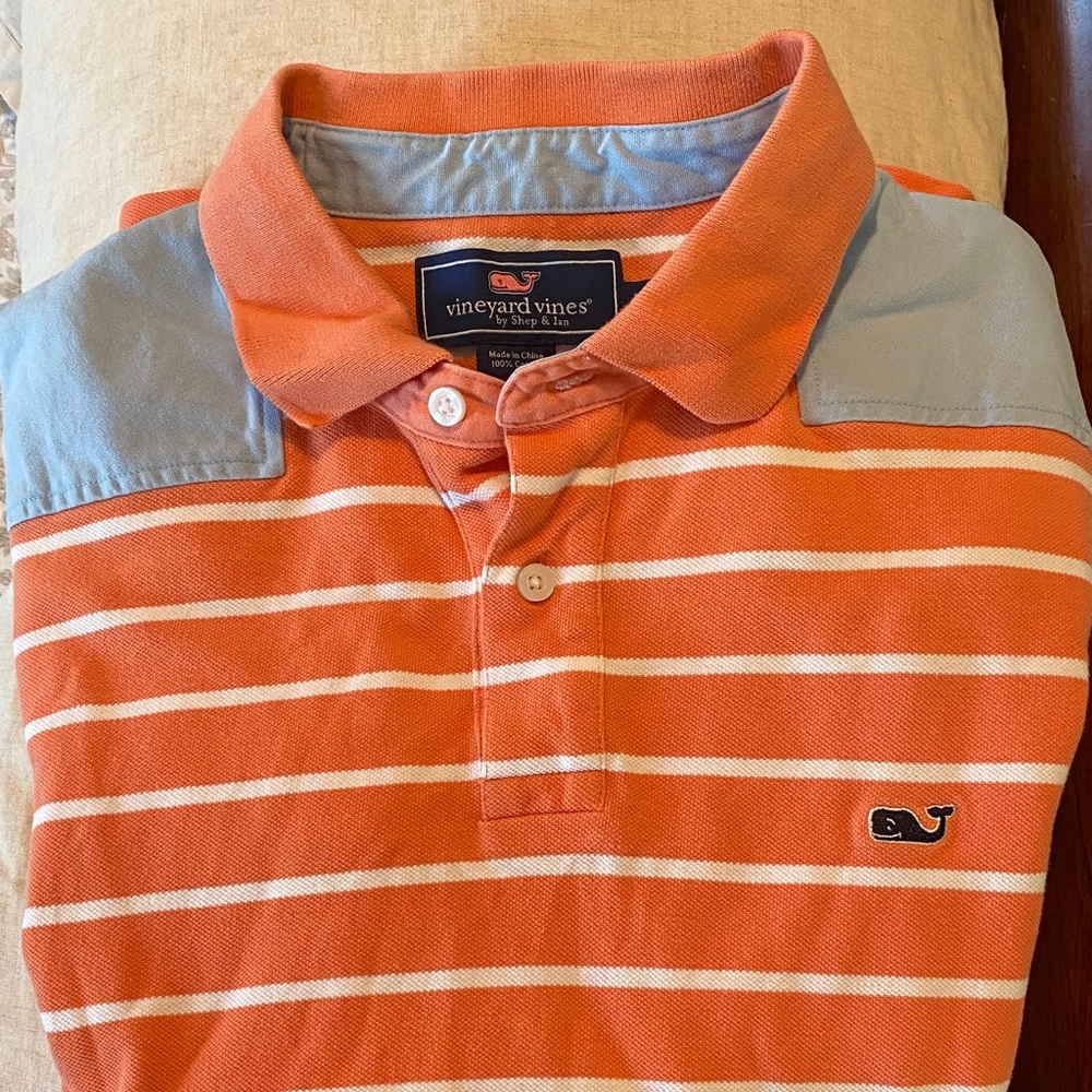 Vineyard Vines Men's Polo in Light Orange and White Stripes